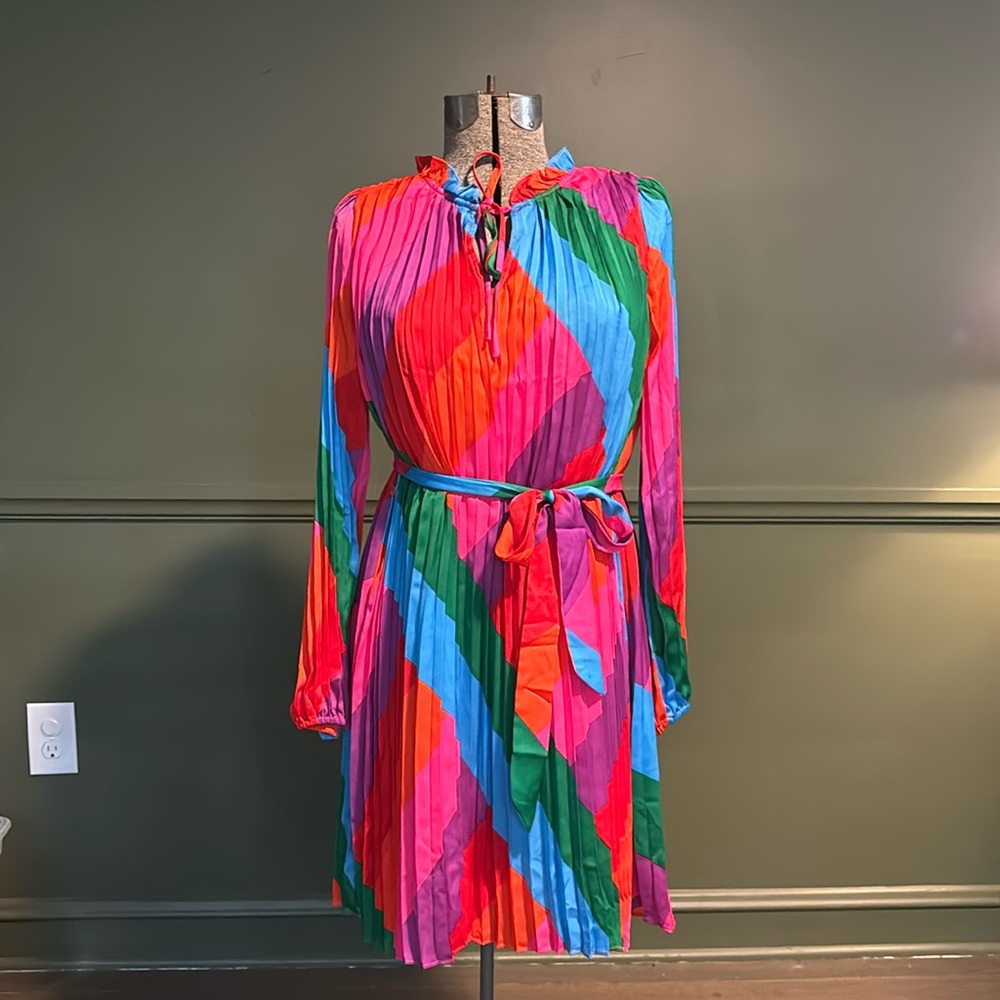 Multi colored pleated long sleeve dress. Amazing colors ruffle neck